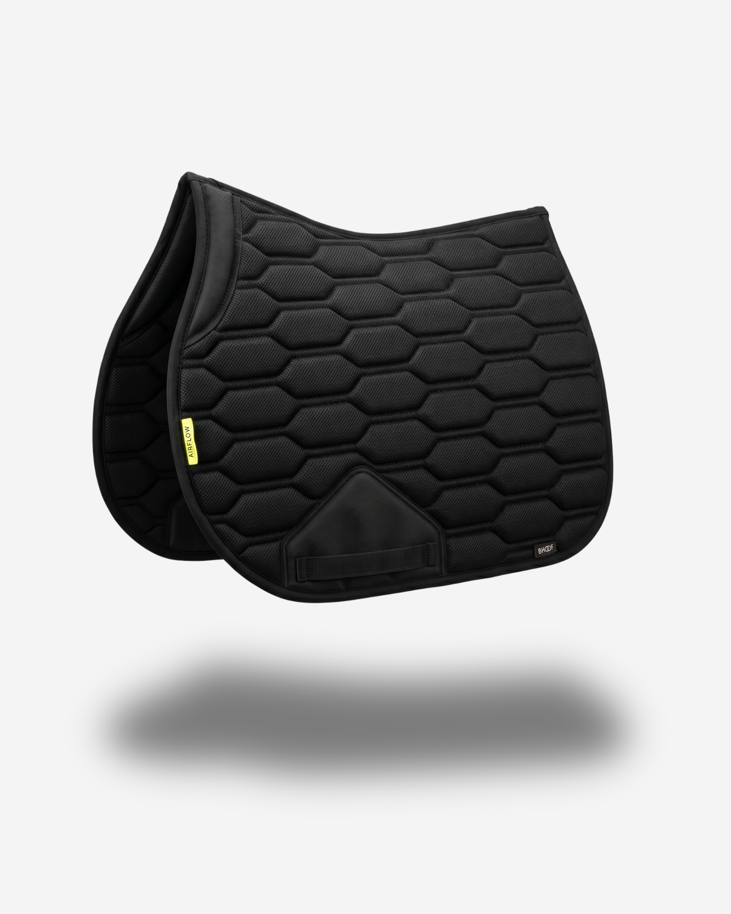 Black quilted saddle pad on a light gray background