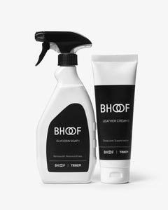 BHOOF leather care products including a spray bottle and tube on a white background