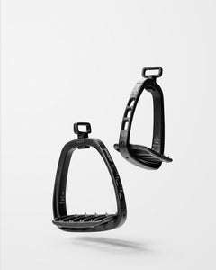 Two black stirrups on a white background