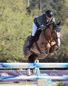 Horse and rider jumping over an obstacle in equestrian competition