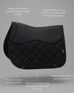 Black saddle pad with text highlighting features on a gray background